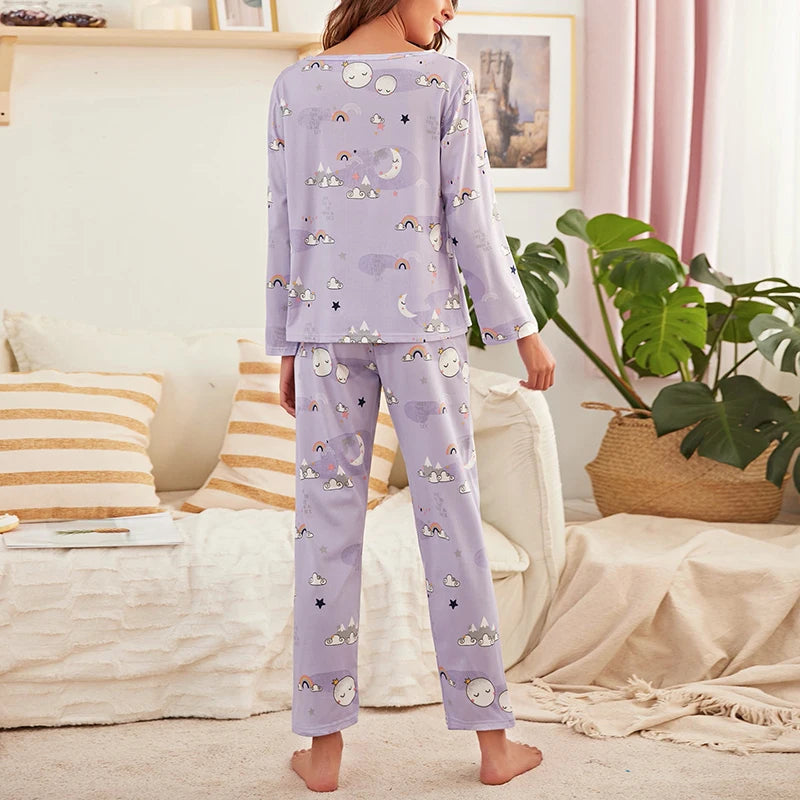 Women's Pajama Pj Sets Autumn Long Sleeved Tops And Pants Pajamas 2 Piece Set Soft Comfortable Home Clothing Pyjama Pijama Femme