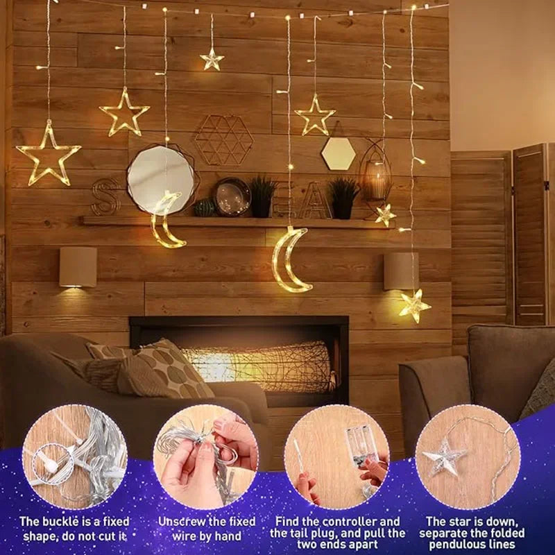 LED Fairy String Curtain Window Lights Twinkle Star Moon Lamp USB Home Wedding Festival Birthday Party Decor Romantic Decoration