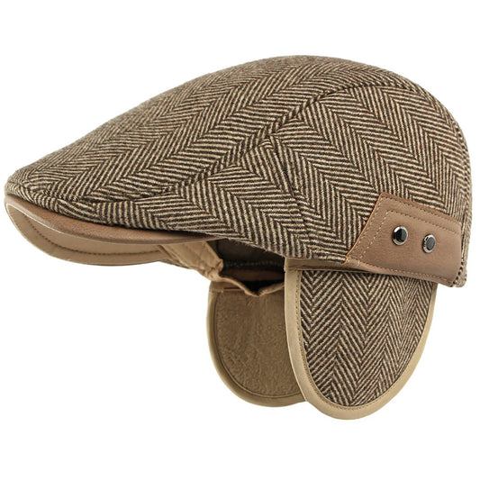 HT5025 Beret Cap Striped Beret Hats with Ear Flaps Male Female Adjustable Ivy Flat Cap Fleece Lined Winter Hat Women Mens Berets