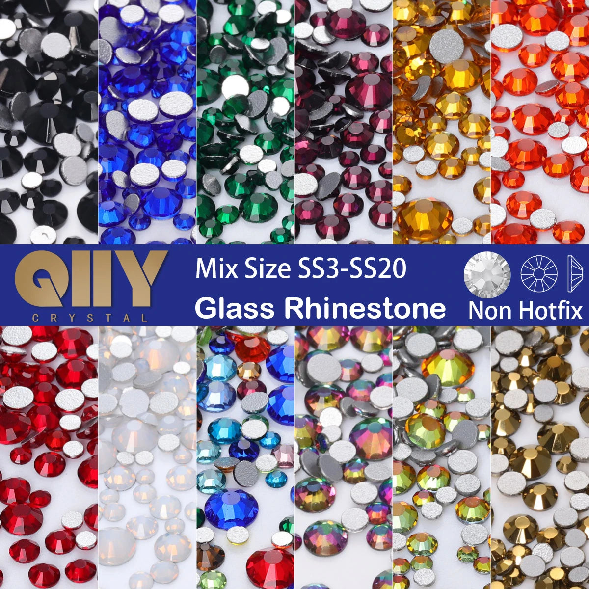 QIIY 1440Pcs Mix Size SS3-SS20 Clear Crystal FlatBack Rhinestones Non-Hotfix Glass Decorations DIY Glitter Stones 3D Nail Art