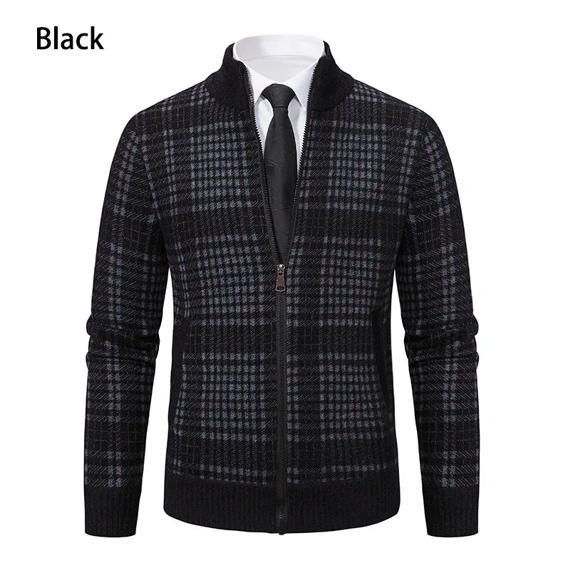 Mens Sweaters Jacket Full Zip Fleeced Sweater Cardigan Plaid Stand Collar Sweaters Coat Autumn Winter Homme Clothes