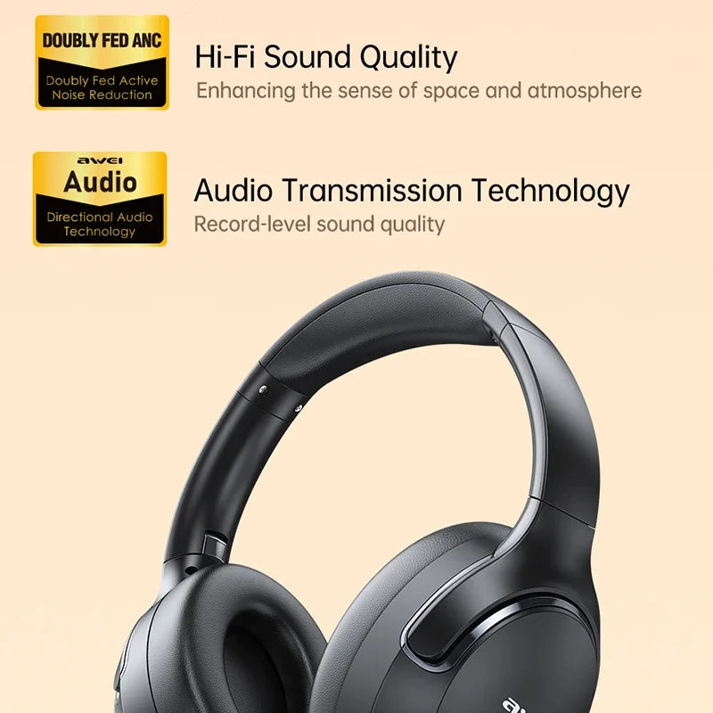 Awei AT2 ANC Wireless Headphones Over-Ear 30dB ANC Headphone Bluetooth 5.3 40mm Dynamic Driver Long Battery Life Earphones