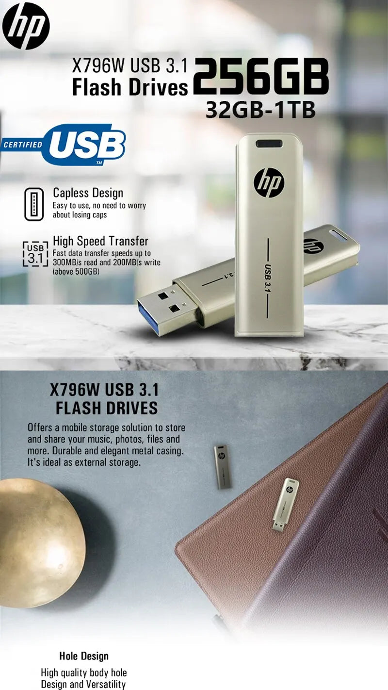 HP USB 3.1 Metal USB Flash Drive 32GB 64GB 128GB 256GB Pen Drive Creative Personality Car Music Gift High-Speed USB PenDrive