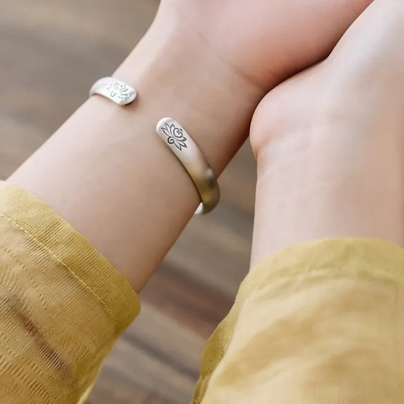925 Silver Vintage Matte Bangles Engraved Heart Sutra Lotus Flower Bracelet for Women Simple and Fresh Style Jewelry Opening