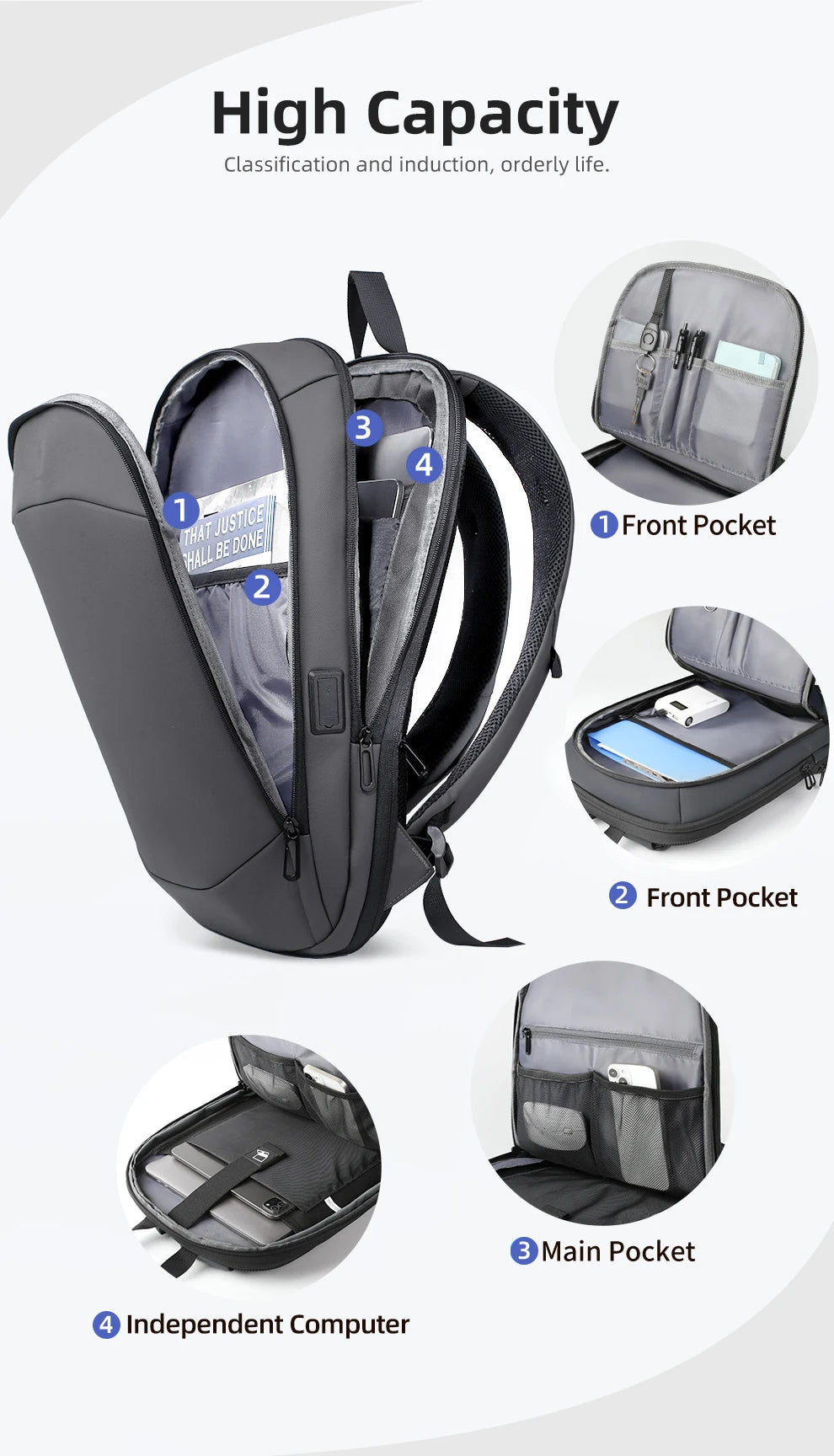 HcanKcan Men's Expandable Backpack Multifunction 17.3inch Laptop Bag Fashion Waterproof Travel Backpack Lightweight Business Bag