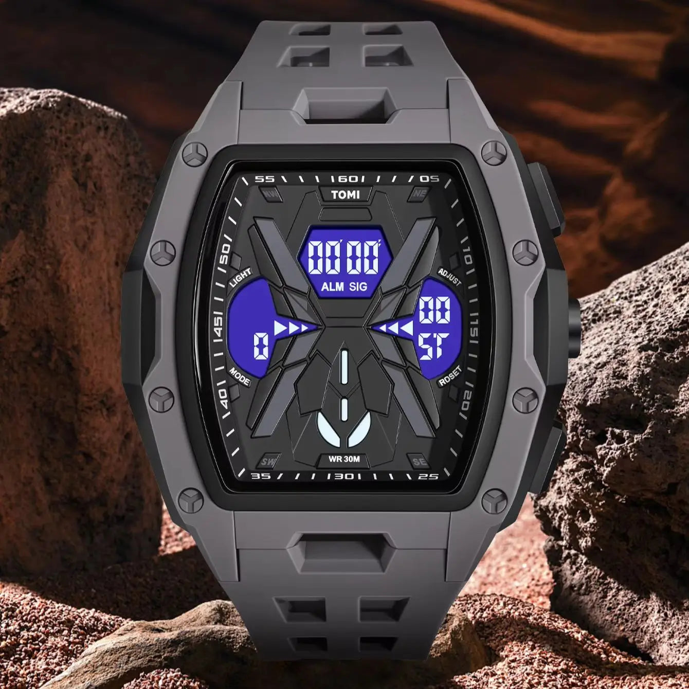 TOMI  Sports Men Mecha Dual Display Watch, Analog Digital Dual Dial, Backlight Alarm Stopwatch, Hollow Breathable Silicone Strap