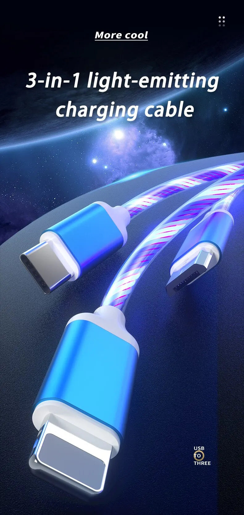 3 in 1 3A Fast Charging Glowing LED Light Micro USB Type C Cable For iPhone Samsung Xiaomi Redmi Phone Charger USB Cable