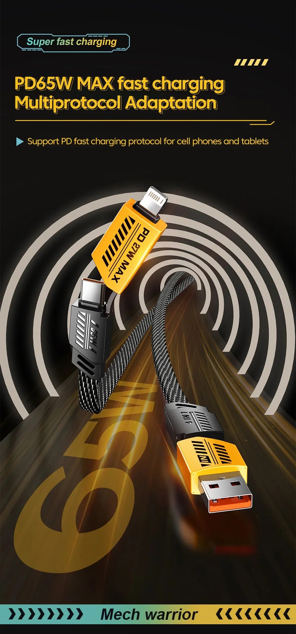 4 in 1 PD 65W 27W USB Cable Type C Dual Connector Lighting Mecha Style Fast Charging USB C Cable For iPhone 15 Samsung Xiaomi