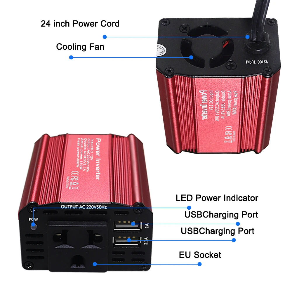 DC 12V to 220V AC Car Inverter  300W DC to AC Power Converter  Automatic Transformer With EU Socket Dual USB  Car Adapter Dropsh