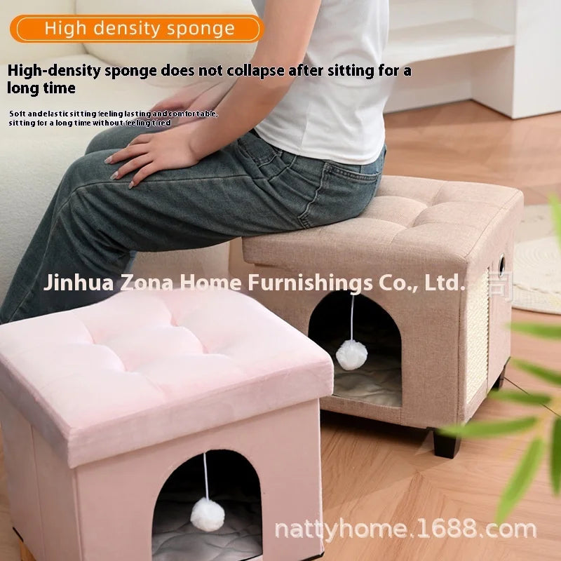 Multi Functional Cat Bed with Wooden Legs Foldable Pet Stool for Sitting