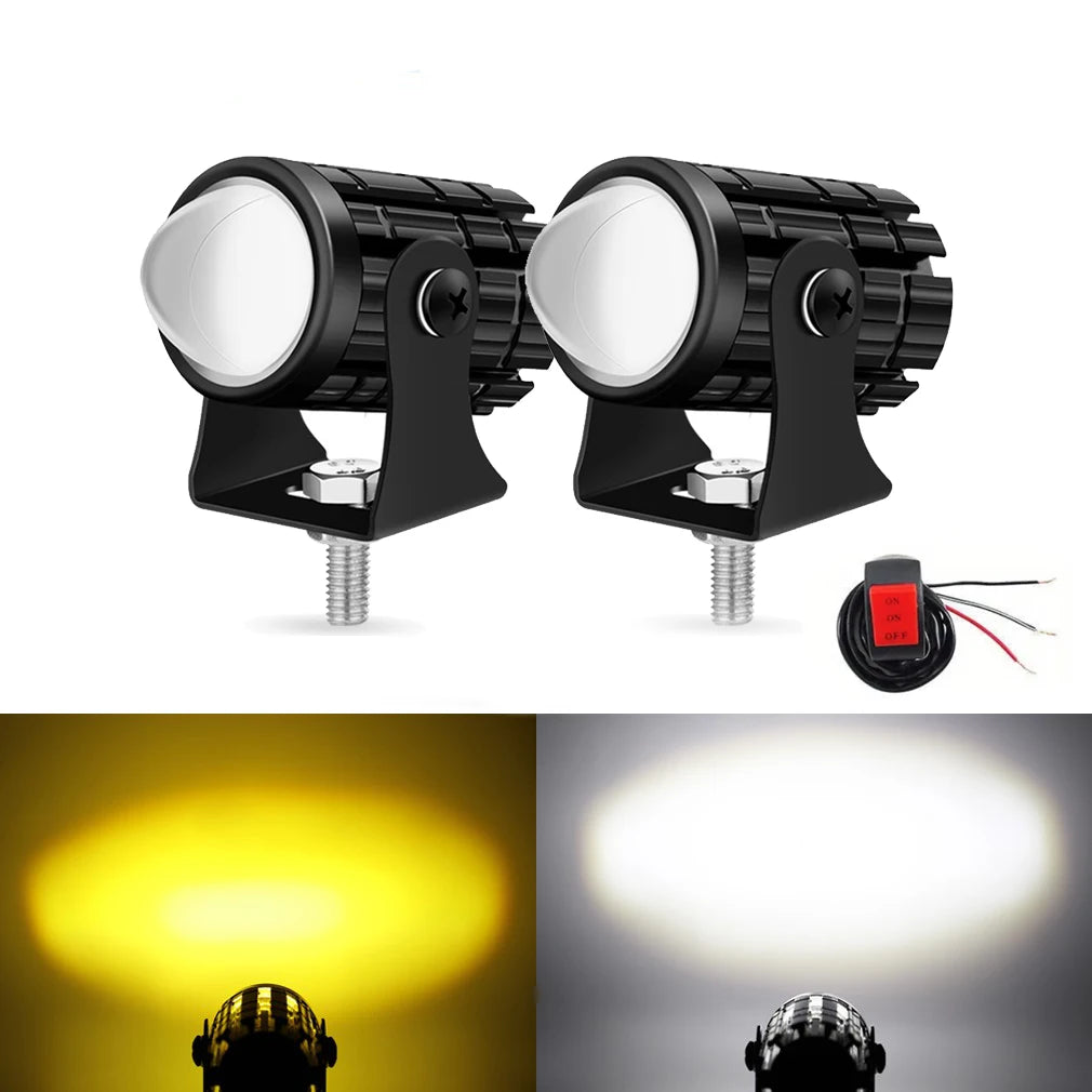 2pcs Motorcycle Mini LED Driving Headlights with Switch Dual Color White Yellow Auxiliary Spotlight Moto Fog light Accessories