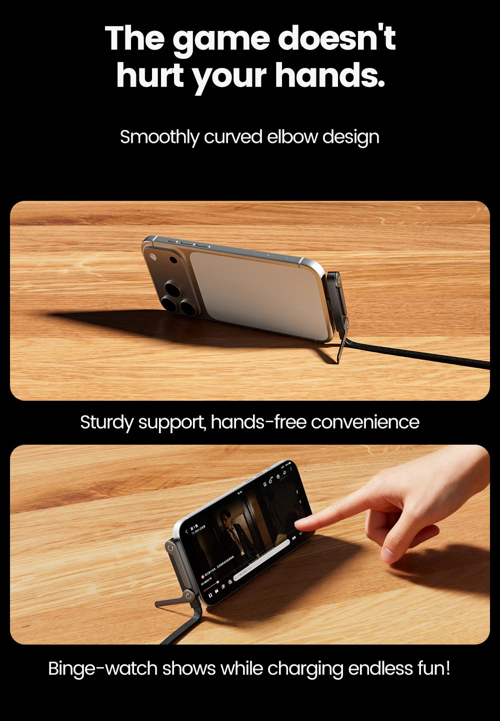 65W 2 in 1 USB A To USB C Fast Charging Foldable Phone Holder Data Cable USB Type C Builtin Desk Bracket Wire For Huawei Samsung