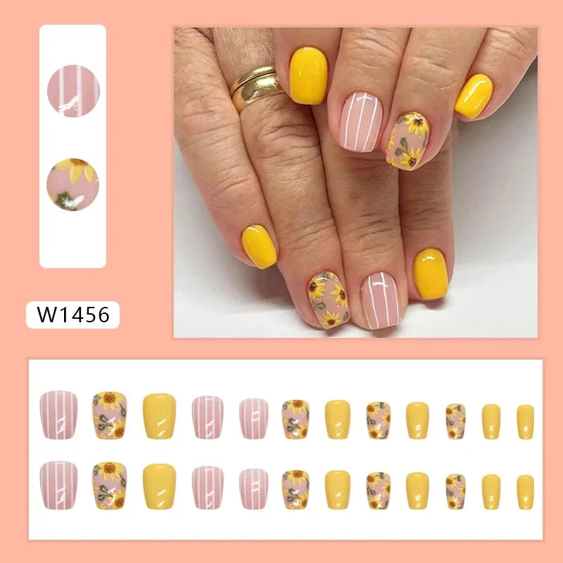 Gold Pink Wine Red 24 Pcs Fake Nail with Jelly sticker Press on False Nails Wearable Round Head Oval Full Cover Nail Tips