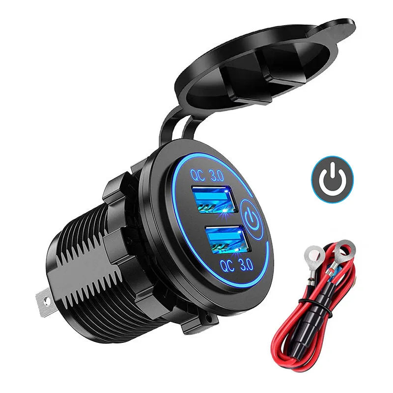 Dual USB Car Charger Waterproof 12V/24V QC3.0 USB Fast Charger Socket Power Outlet with Touch Switch