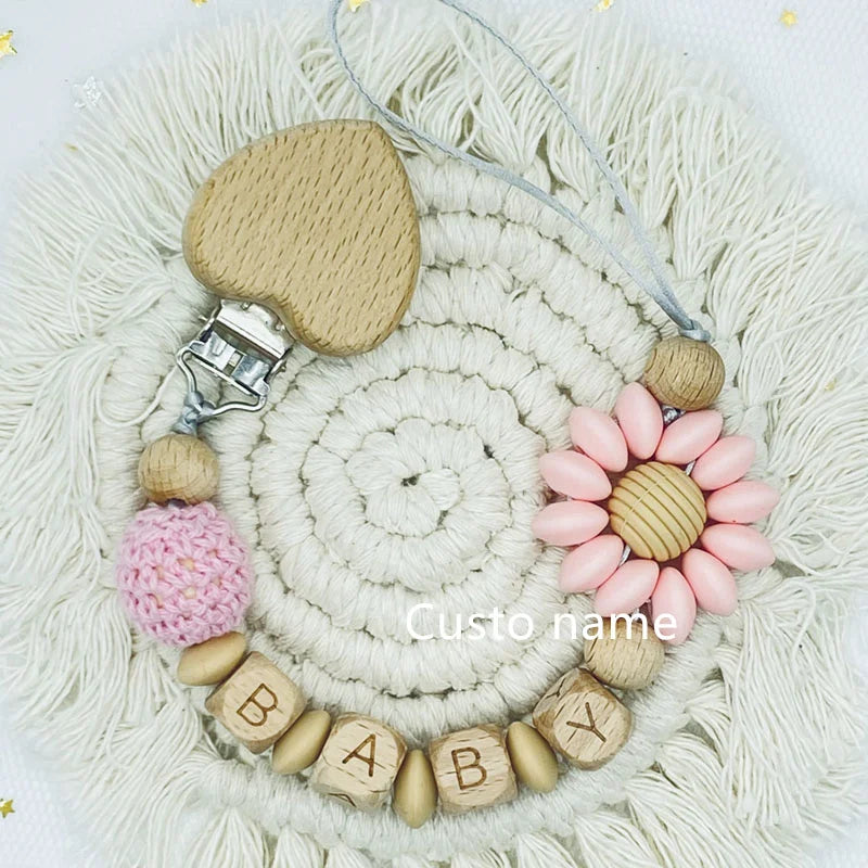 Custom Name Silicone Beads Wooden Ring Pacifier Clips Safe Teething Chains Baby Teether Eco-friendly Dummy Beech Clips Holder