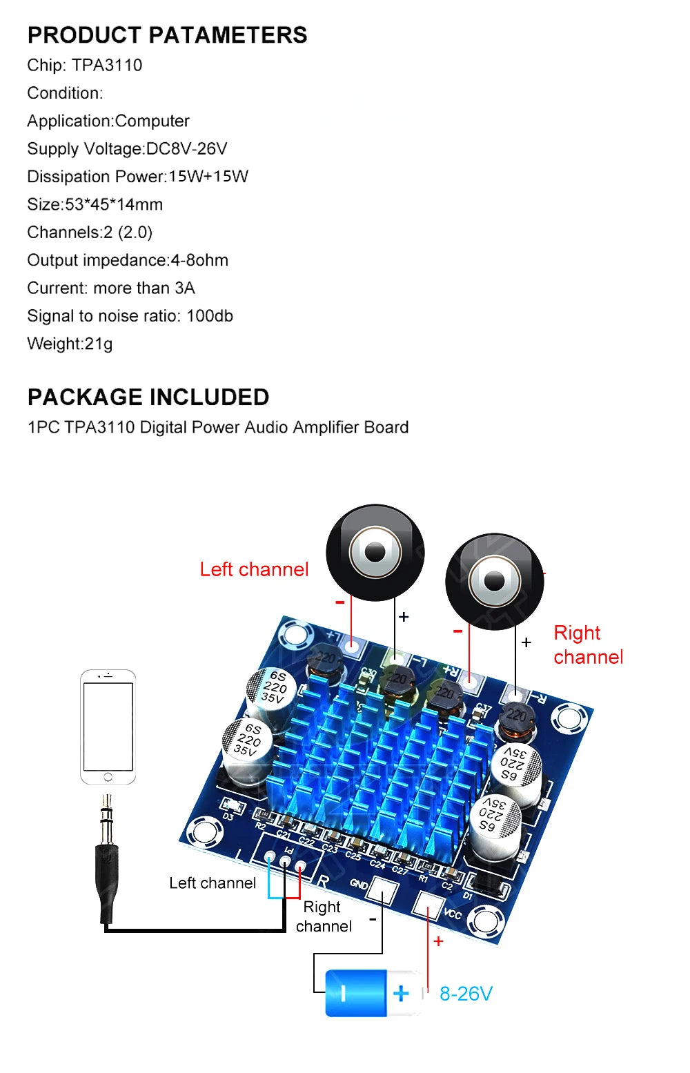 TPA3110 XH-A232 30W+30W 2.0 Channel Digital Stereo Audio Power Amplifier Board DC 8-26V 3A  for Arduino
