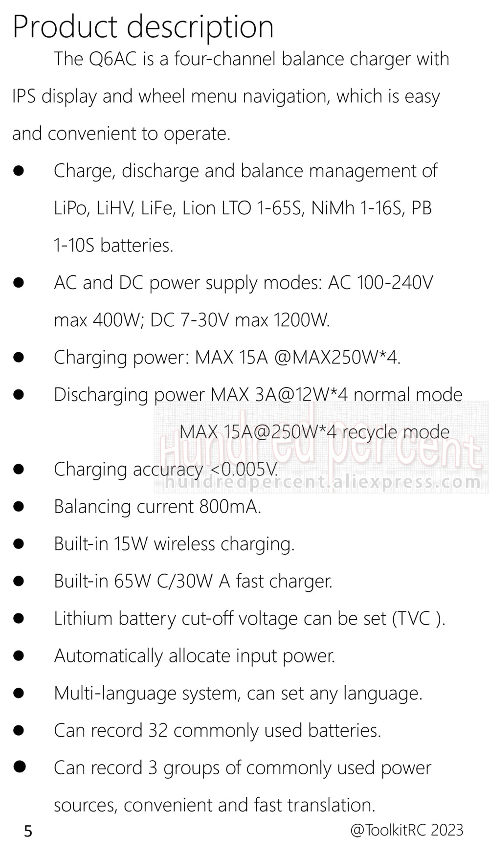 ToolkitRC Q6AC Charger AC 400W/DC 1000W 4CH output Built-in 65W USB A/TYPEC Output ,LiPo, 1-6S，NiMH 1-16S,PB 1-10S Charger IPS
