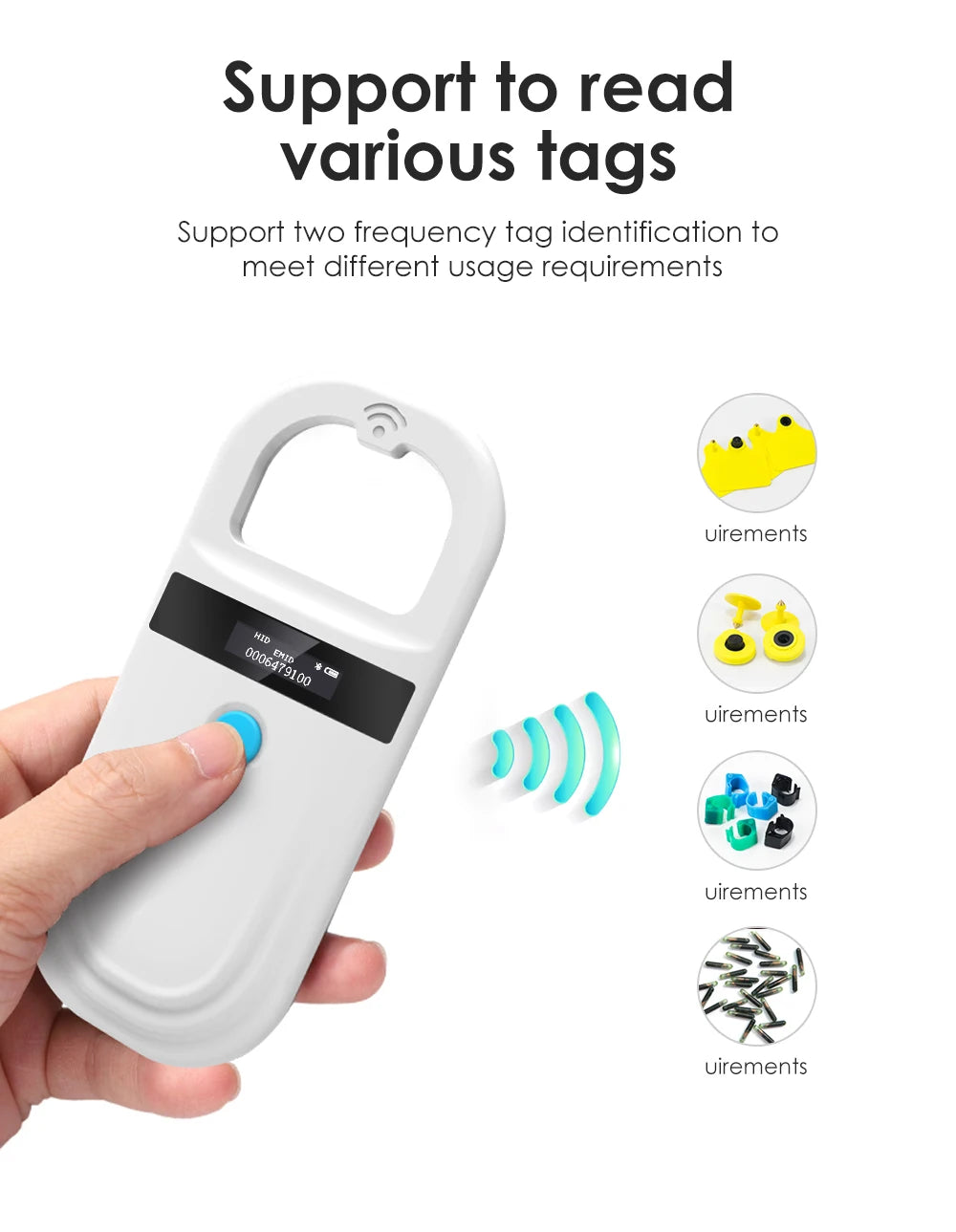 Handheld 134.2KHz 125kHz Animal RFID Reader Pet Cat Dog Microchip Scanner FDX-B Glass Chip USB/Bluetooth Tag Reader with Tags