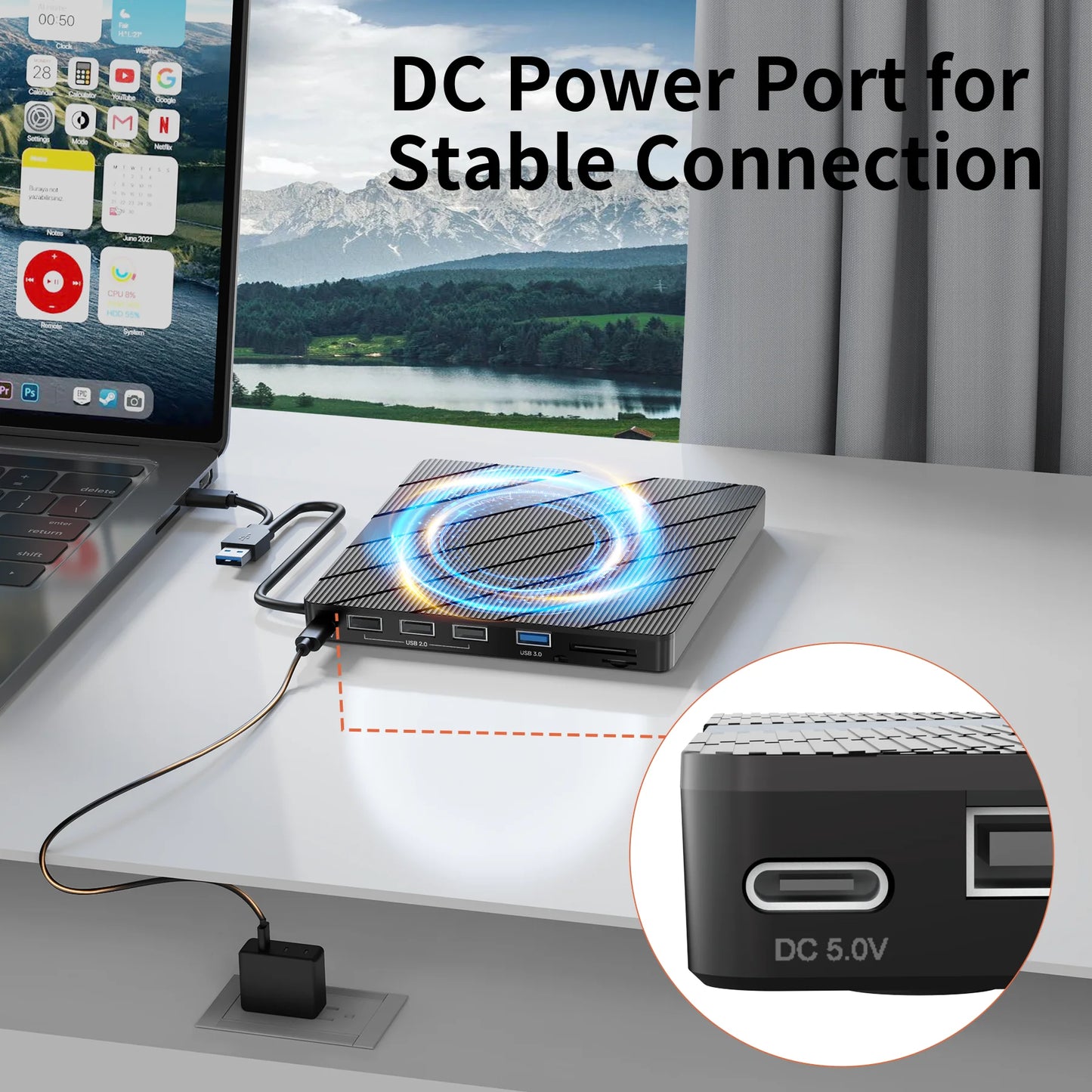 T040A USB 3.0 External Mobile Drive DVD CD Burner with Hub 24X CD & 8X DVD Writer SD microSD Card Reader for Windows Mac Linux