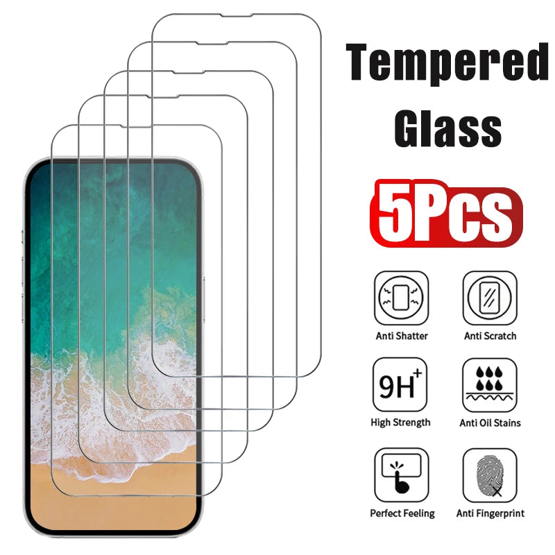 5pcs Tempered Glass for iPhone 17 16 15 14 13 12 Pro Max Screen Protector for iPhone 12Mini 13Mini 14 Plus 14Pro Glass 16Pro Max