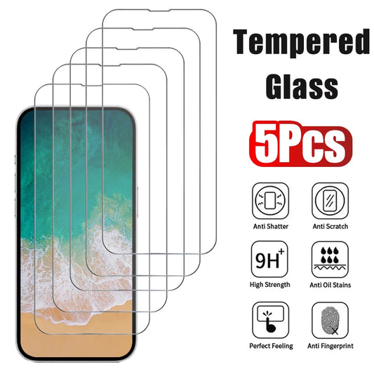5pcs Tempered Glass for iPhone 17 16 15 14 13 12 Pro Max Screen Protector for iPhone 12Mini 13Mini 14 Plus 14Pro Glass 16Pro Max