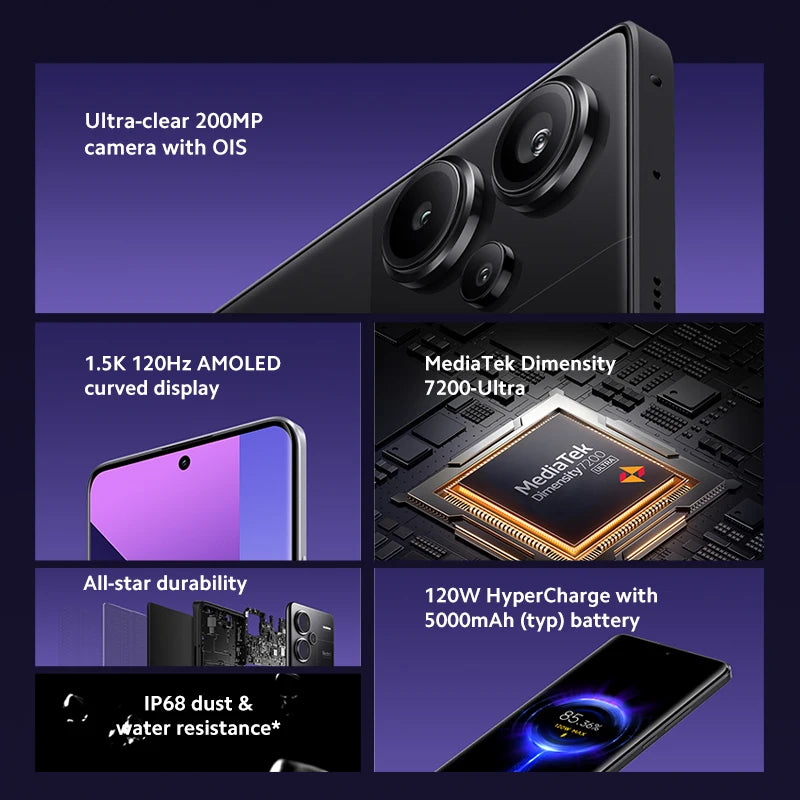 Global Version Xiaomi Redmi Note 13 Pro Plus 5G Smartphone MediaTek Dimensity 7200-Ultra CPU 120W HyperCharge 200MP OIS Camera