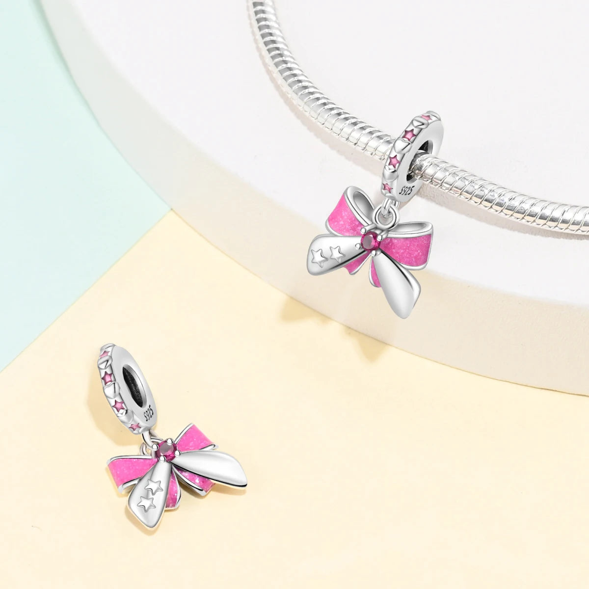 925 Sterling Silver Princess Powder Series Exquisite Daily Bow Sweet Charms Beads Fit Pan Original Bracelets DIY Jewelry