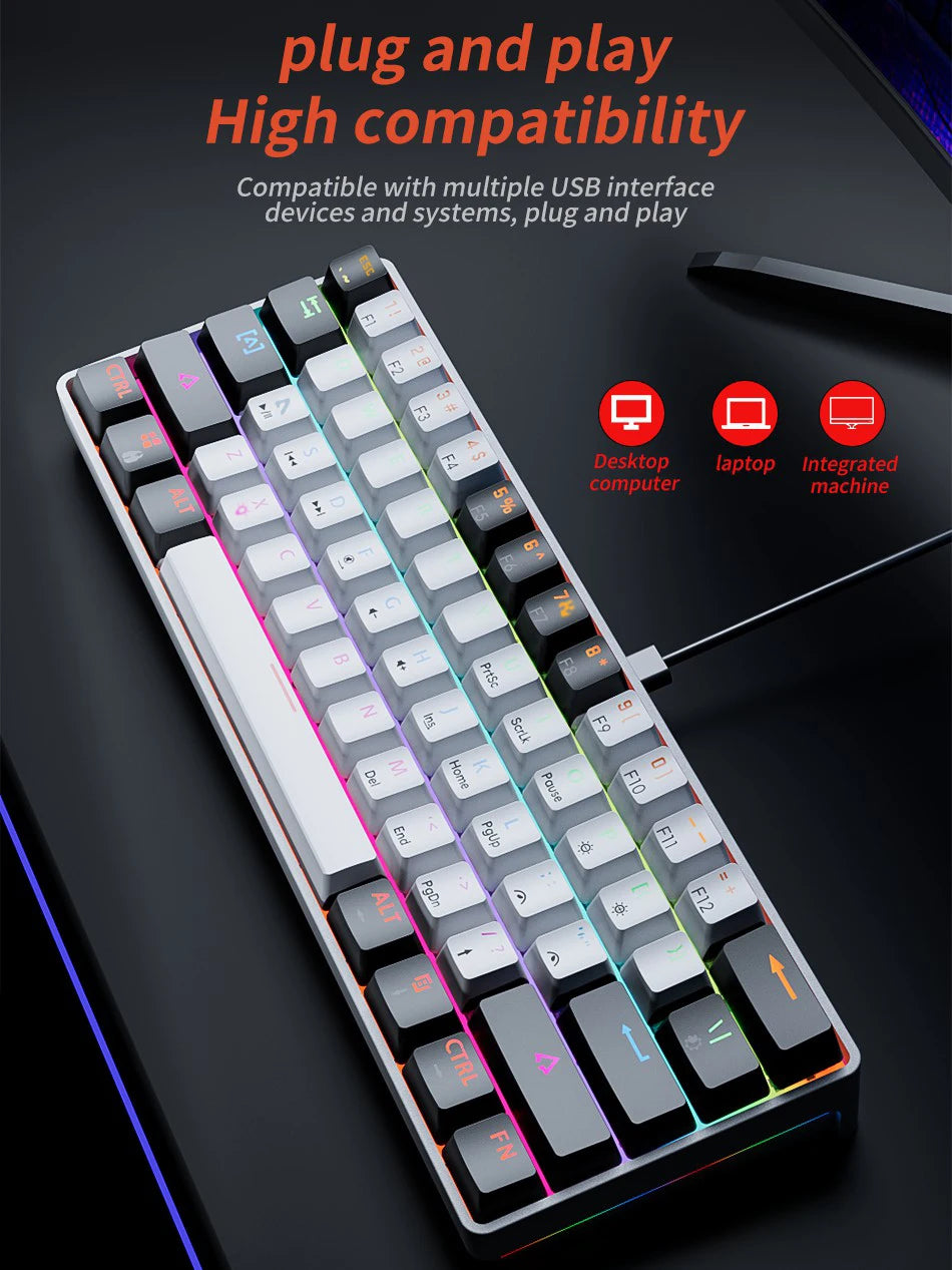 MUCAI mechanical keyboard 61 key mini portable wired cool light effect red axis hot swappable e-sports game office desk keyboard
