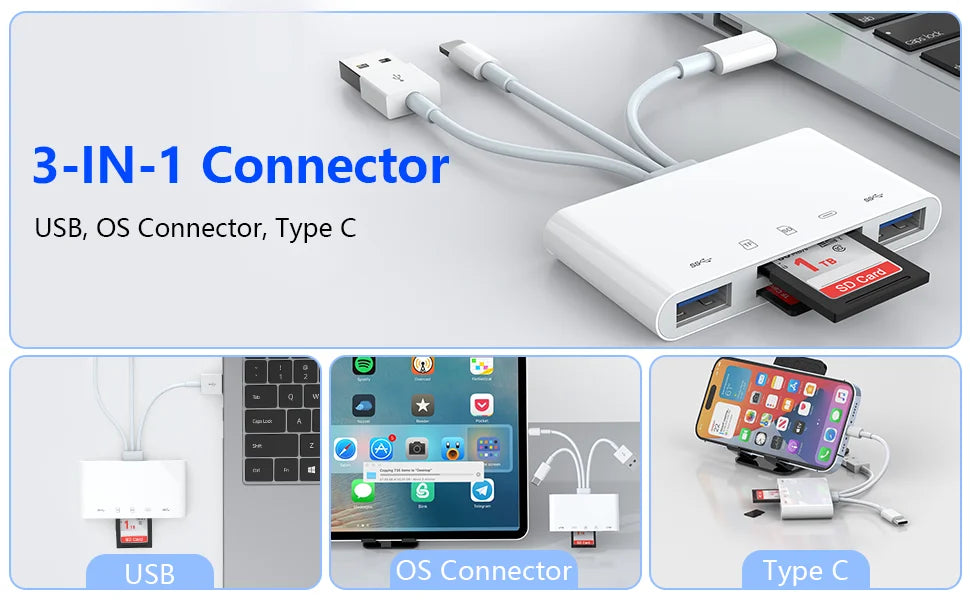 8 In 1 SD Card Reader USB HUB For iPhone iPad MacBook Lightning/USB/Type C to SD TF Card Memory Reader Flash Drive OTG Adapter