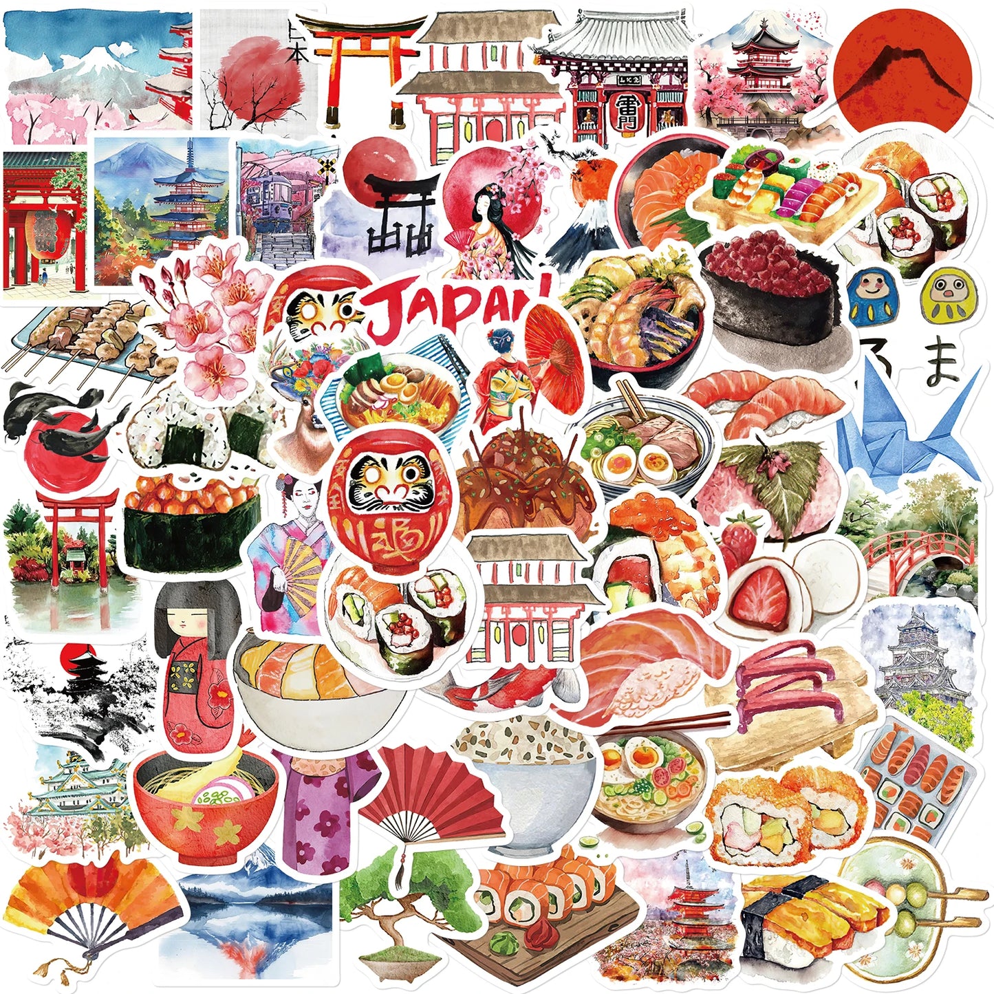 64PCS Japanese Travel Retro Style Architecture Food Stickers Exquisite Handmade Material Phone Case Laptop Decoration