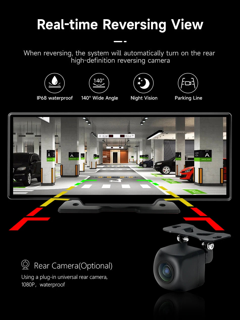 10.26" Car DVR Carplay Android Auto Dashcam 4K 3840*2160 Front And 1080P Rear Camera Voice Control BT FM GPS Recorder Dual lens