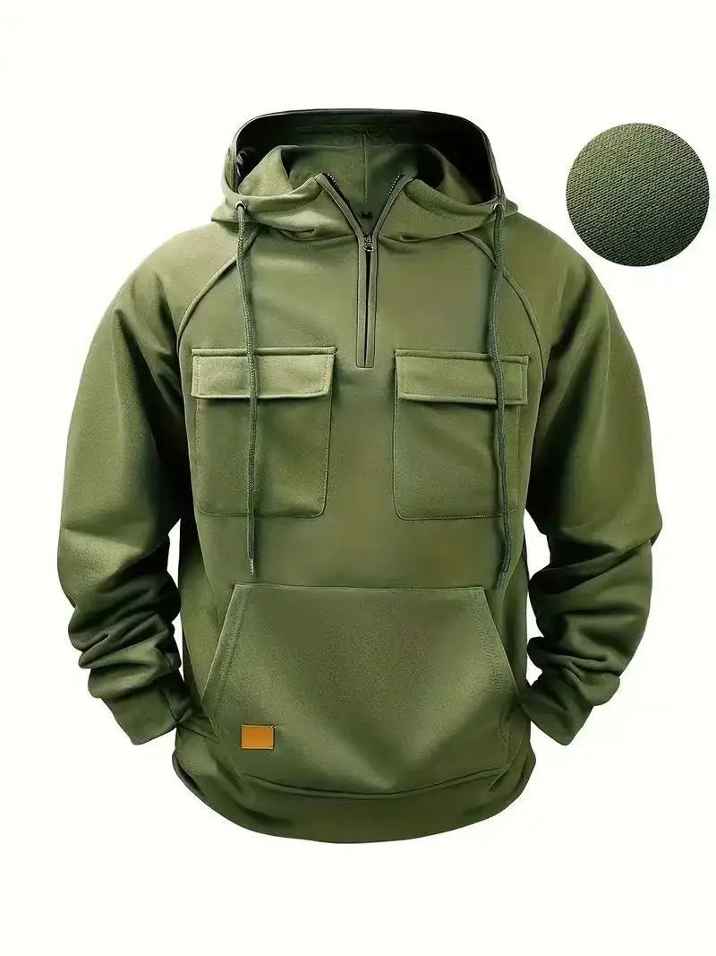 Fashionable Youth Men's Hoodie Solid Color Casual Autumn/Winter Pullover with Multi Pockets Patch Design