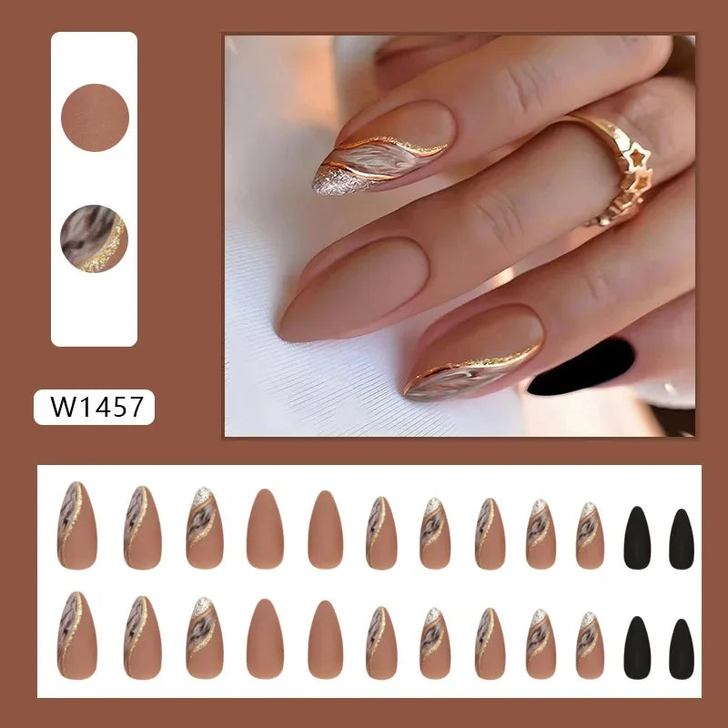Gold Pink Wine Red 24 Pcs Fake Nail with Jelly sticker Press on False Nails Wearable Round Head Oval Full Cover Nail Tips