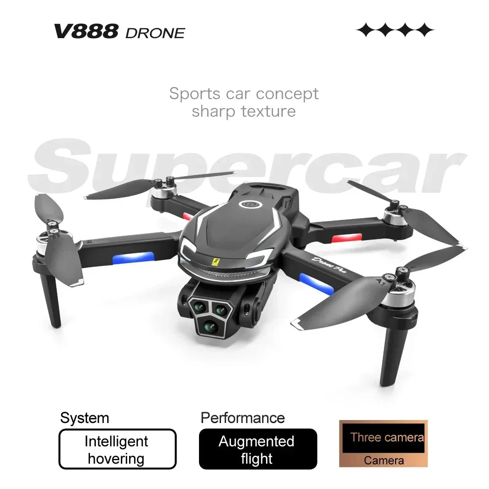 New V888 Brushless Drone 8K Professional HD Triple Camera Obstacle Avoidance No GPS Optical Flow Positioning RC Quadcopter Toys