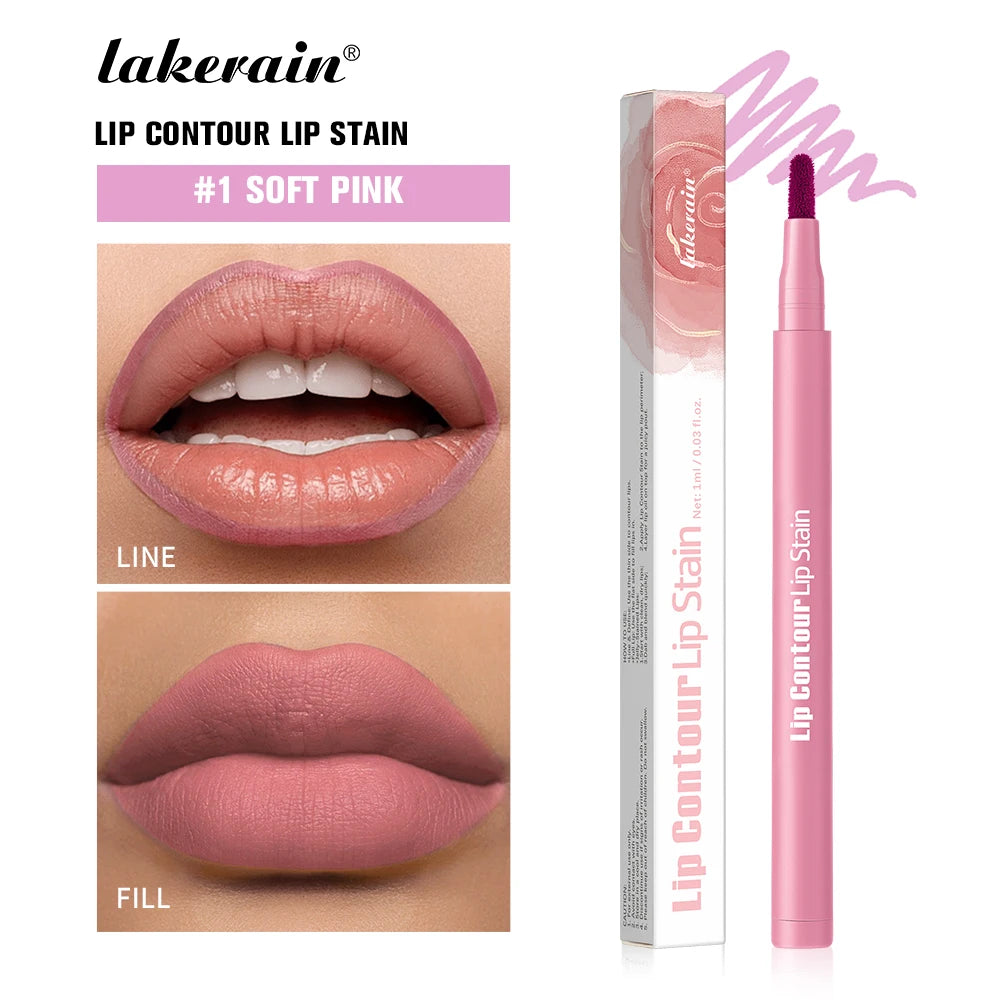 2-in-1 Lip Contour Lip Stain Pen Smudge-proof Non-stick Cup Moisturizing Lip Makeup Cosmetic Dual-Sided Tip Lip Stain & Liner