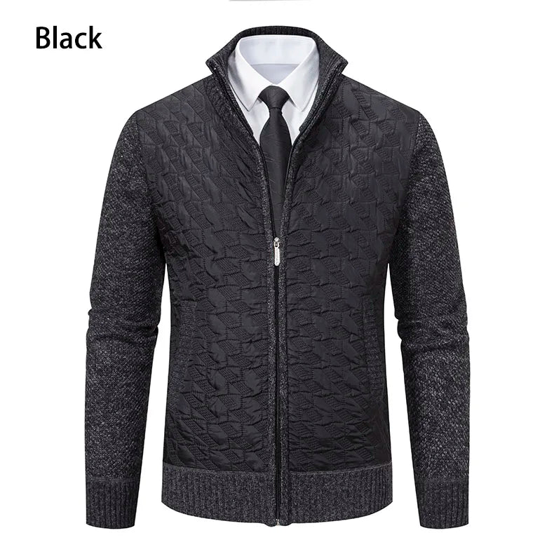 Mens Sweaters Jacket Full Zip Fleeced Sweater Cardigan Plaid Stand Collar Sweaters Coat Autumn Winter Homme Clothes