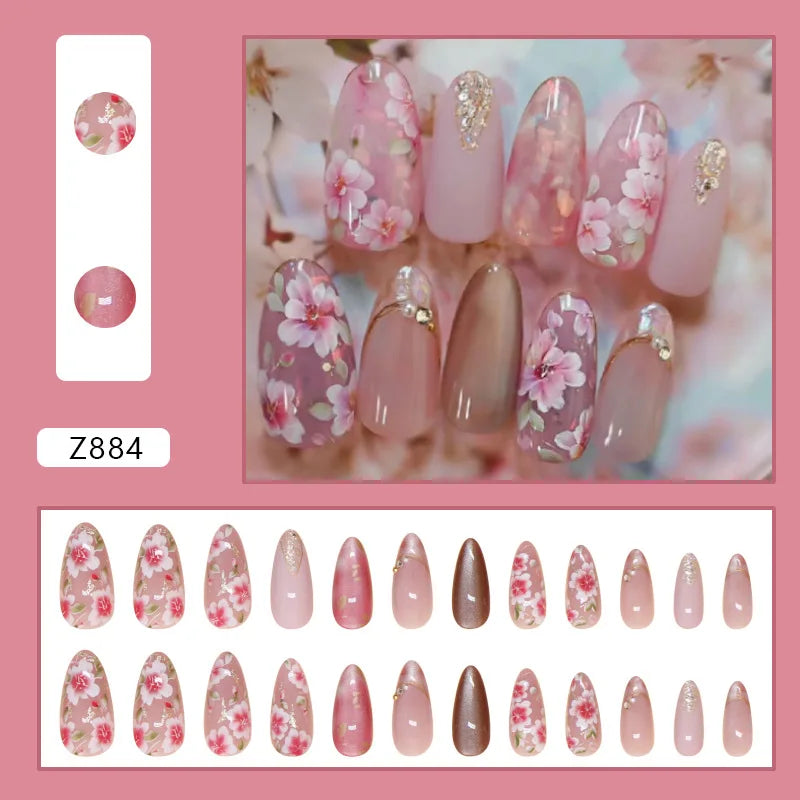 24Pcs Peach Blossom Press on Nails Cat's Eye Nude Glitter False Nail for Women&Girl Spring and Summer Detachable Wearable Nail