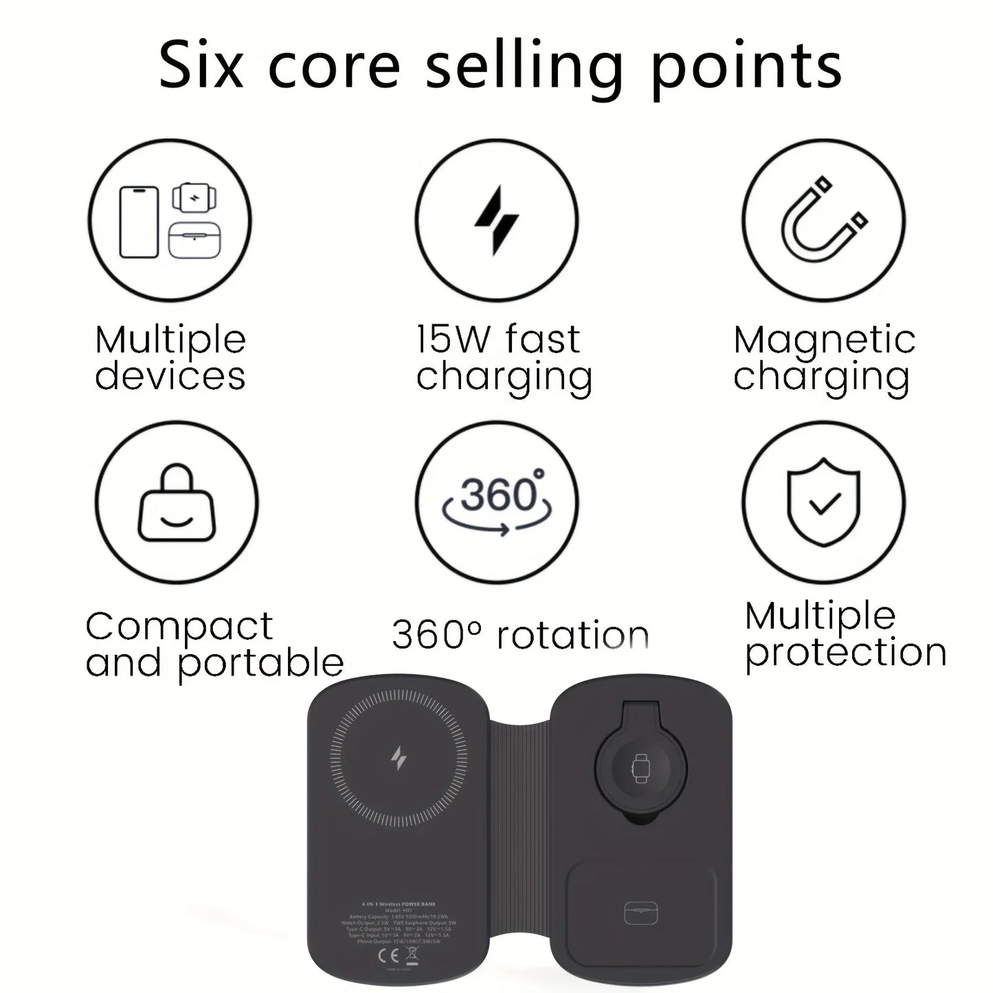 Foldable 5000mAh Magnetic Wireless Power Bank Portable Charger with Stand for iPhone Watch AirPods Fast Charging