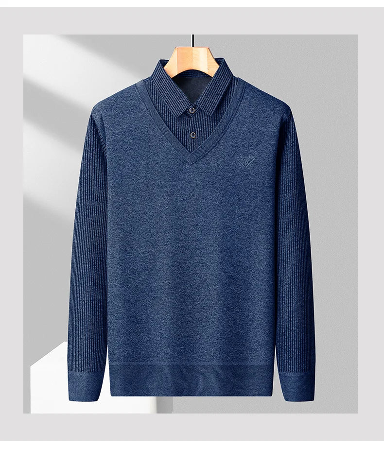 Male Fleece Polo Shirt Men's Pullover Autumn Winter T-shirt Collar Sweaters Cold Blouse Navy Blue Khaki Korean Clothing
