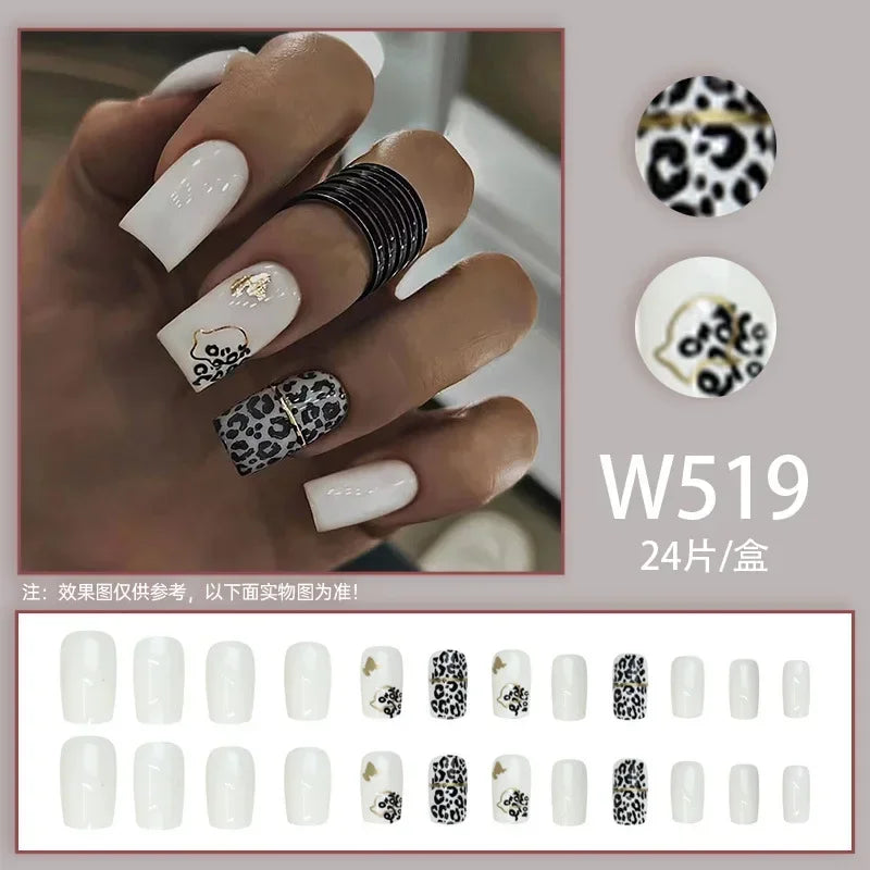 Black Ink Style Fake Nail with Jelly sticker Press on False Nails Wearable Round Head Oval Full Cover Nail Tips