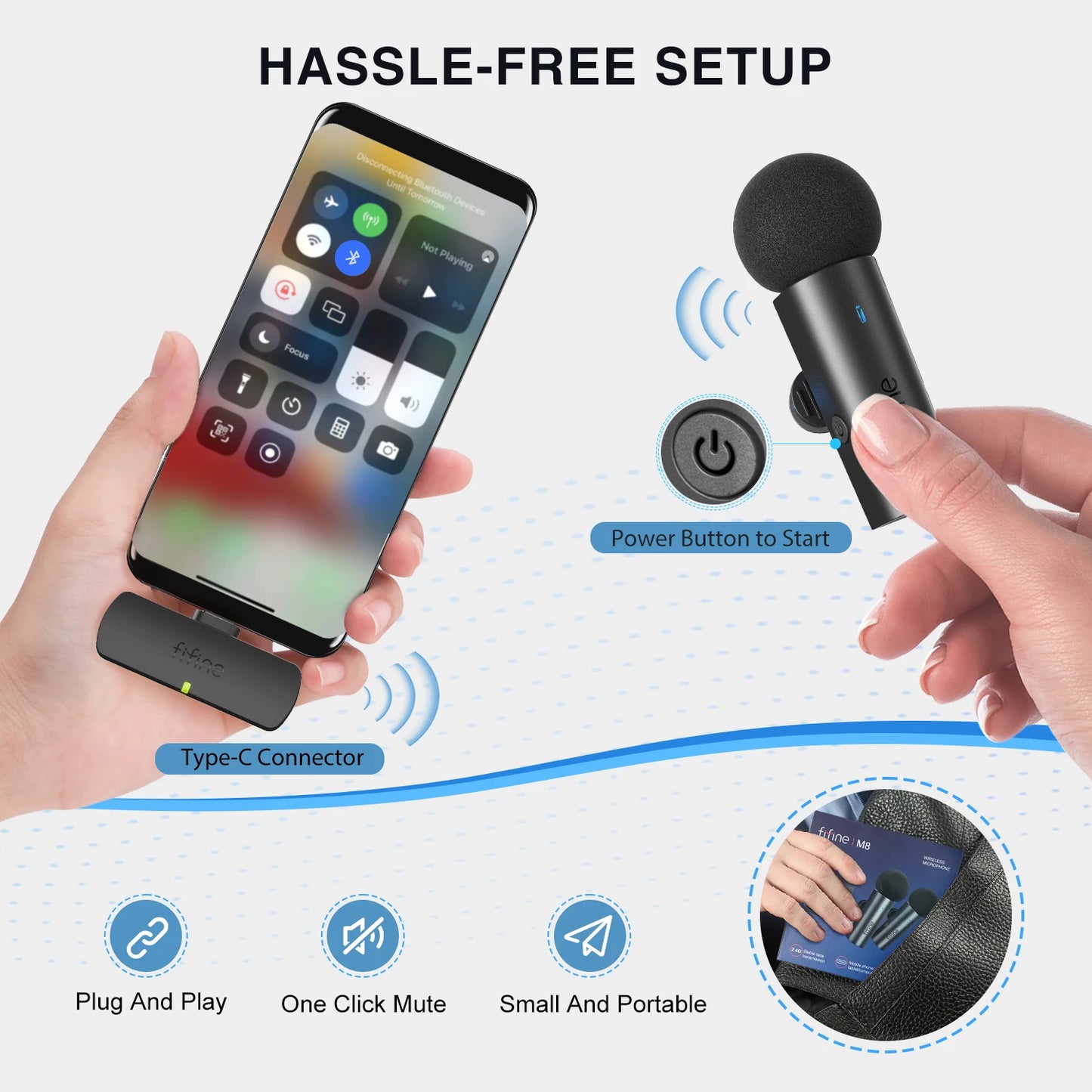 FIFINE Wireless Lavalier System with 2 Microphones for Android/Tablet,Type-C Mini Mic for Video,Interview,Vlog,Live Streaming-M8