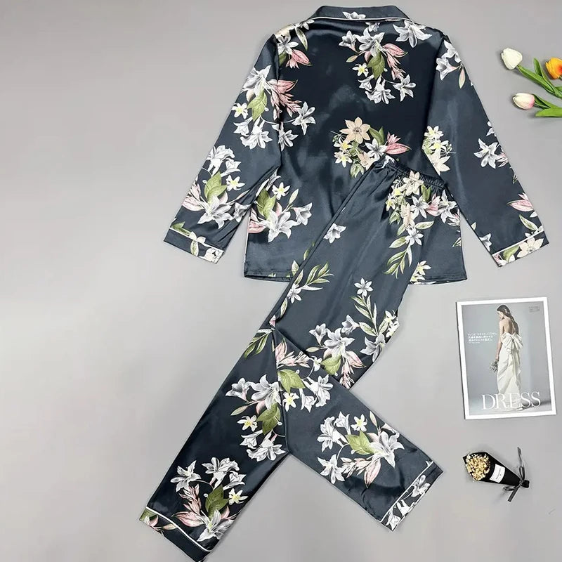 Women's Pajama 2 Piece Set Flower Print Sleepwear Satin Pijama Homewear Long Sleeve Turn-down Collar Tops Pants Nightwear Pyjama