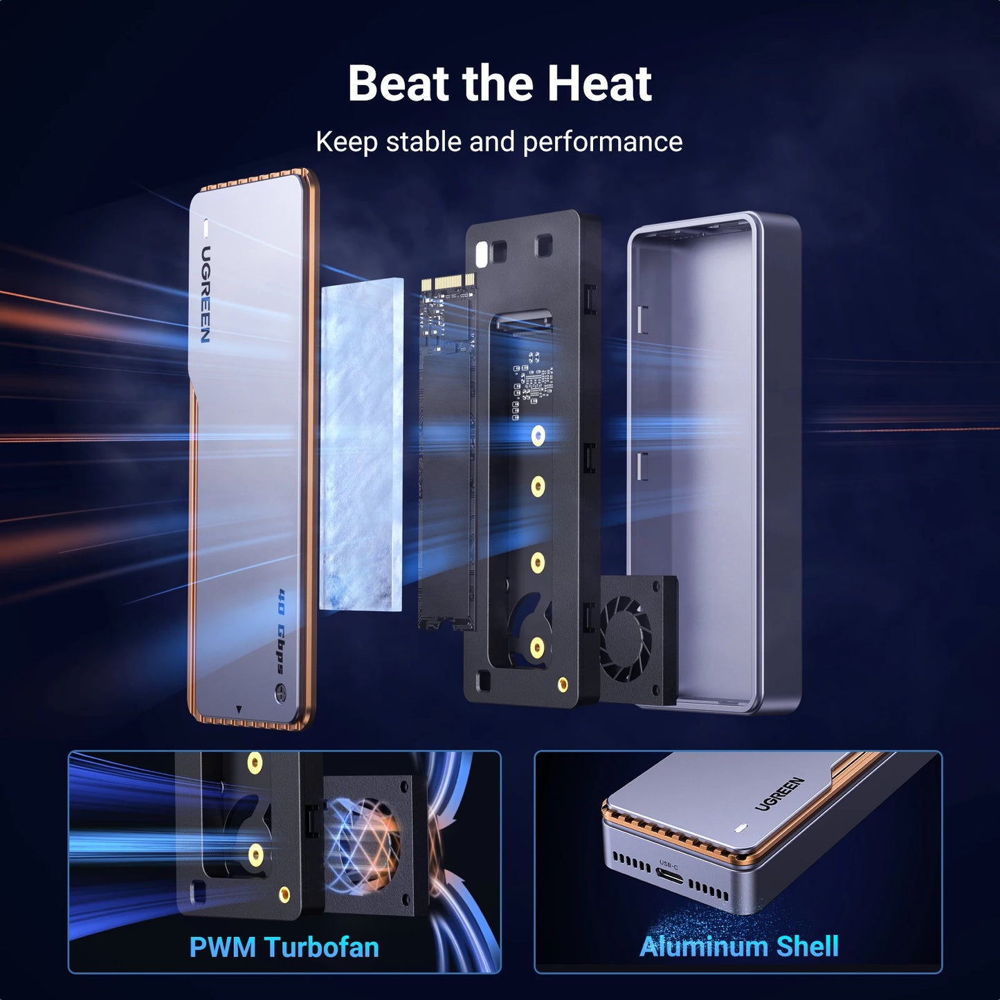 UGREEN 40Gbps NVMe SSD Enclosure M.2 to USB4.0 SSD Case Compatible with M.2 NVME PCIe Built-in Cooling Vest Aluminum Case