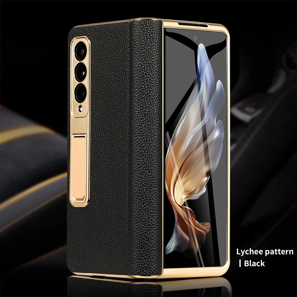 Leather Phone Case for Samsung Galaxy Z Fold 7 6 5 4 3 Fold6 Fold7 Gold Plating Magnetic Hinge Stand Back Cover with Mirror Film