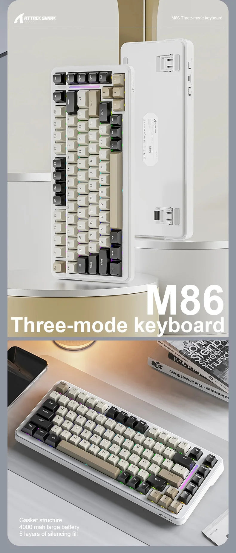 Attack Shark M86rgb Three-Mode Wireless Bluetooth Hot Plug Engraving Mechanical Keyboard Blueberry Axis Surprise Gift