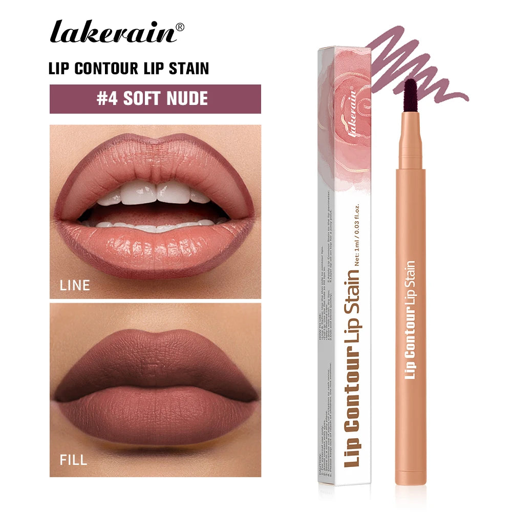 2-in-1 Lip Contour Lip Stain Pen Smudge-proof Non-stick Cup Moisturizing Lip Makeup Cosmetic Dual-Sided Tip Lip Stain & Liner