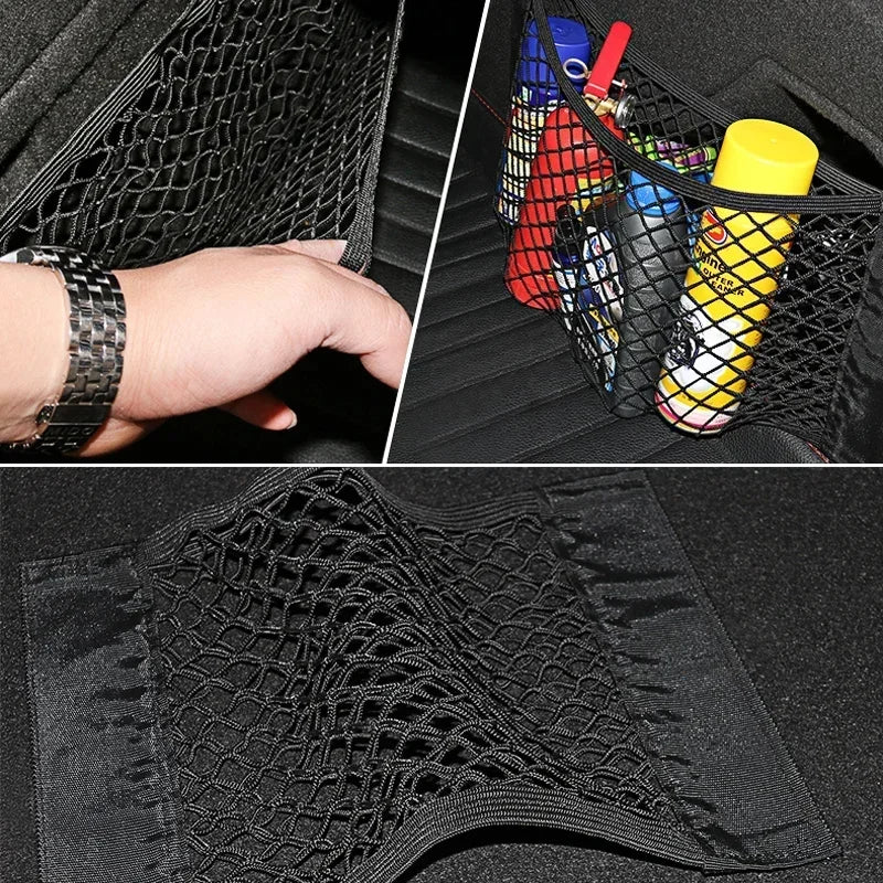 Car Storage Net Stretchable Mesh Pocket Net Magic Elastic Sticker Universal Rear Mesh Trunk Seat Bag Pocket Cage Auto Organizer