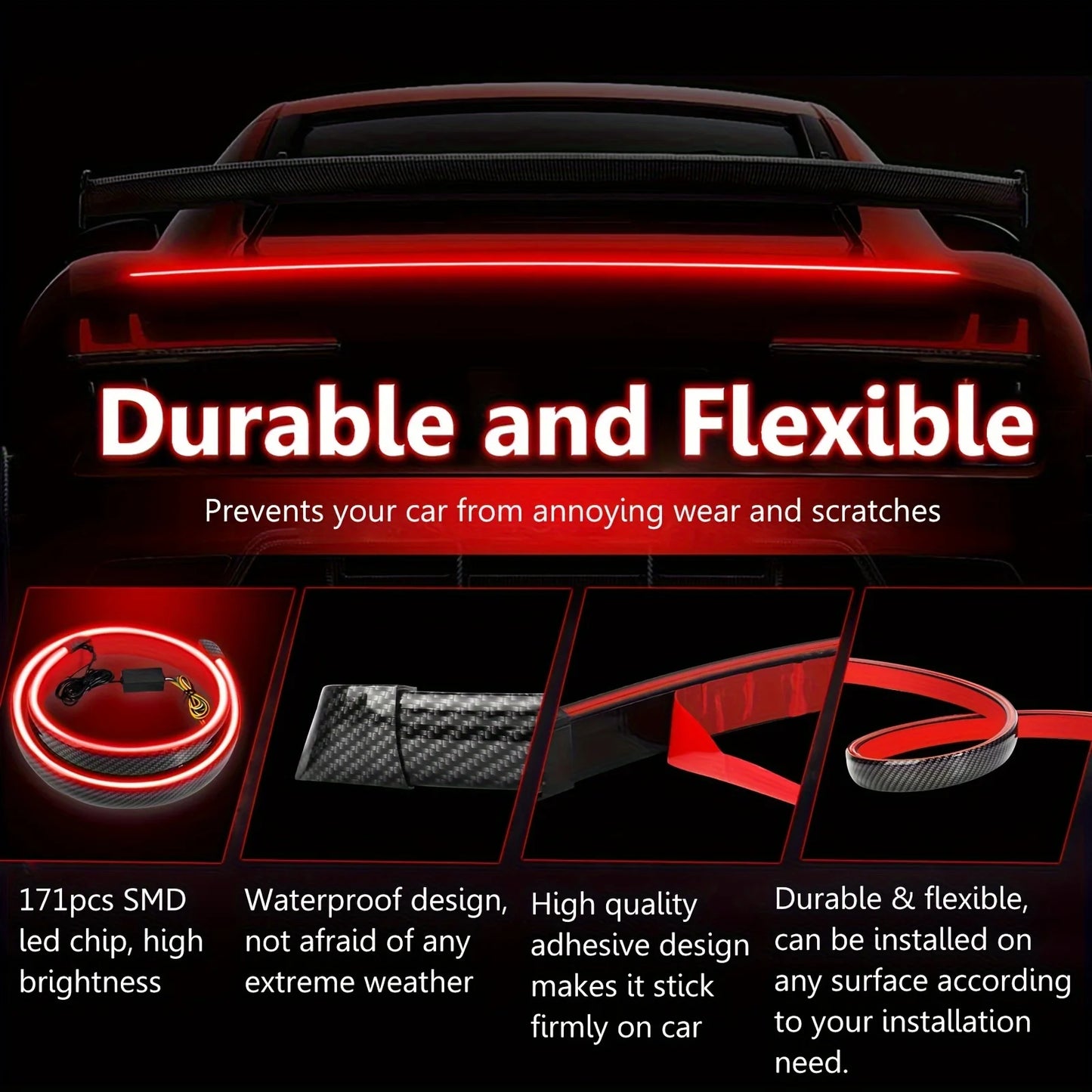 1pc LED Spoiler Light Universal Carbon Fiber Car Rear Spoiler Flow Trunk Lamp The Third Brake Light Stop Turn Signal Lights 12V