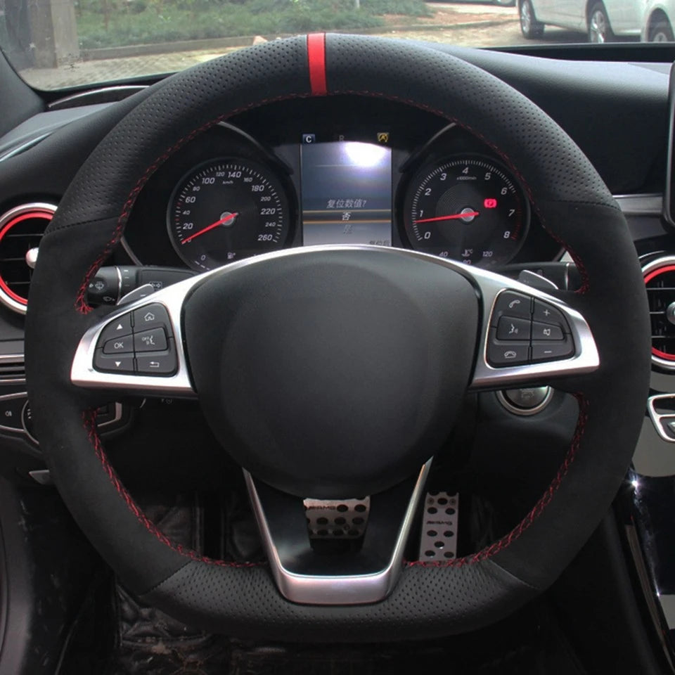 Car Steering Wheel Cover DIY Black Genuine Leather Suede For Mercedes Benz C200 C250 C300 Sport CLA220 B250 B260 A200 A250