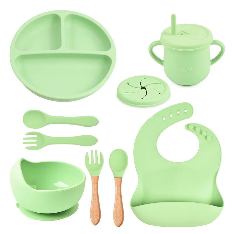 Mother Kids Baby Silicone Feeding Set Sucker Plate Antislip Bowl Spoon Cup Children Tableware Safe Non Toxic Dishwasher Safe
